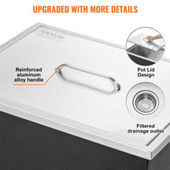 A 46QT drop-in stainless steel ice chest cooler with insulating cover and drain pipe.