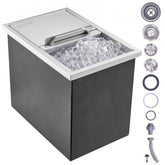 Black and stainless steel drop-in ice chest with sliding lid and drain pipe accessories.