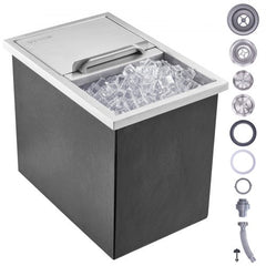 Black and stainless steel drop-in ice chest with sliding lid and drain pipe accessories.