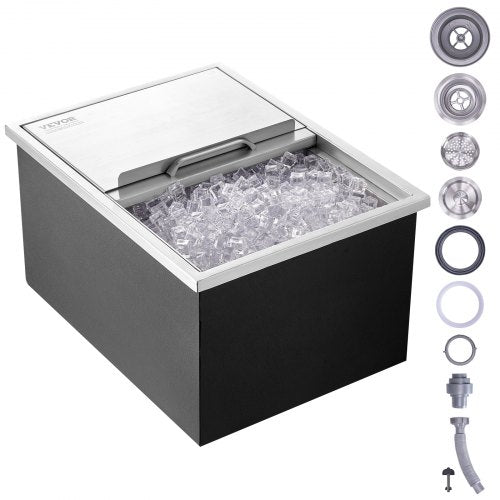 Stainless steel drop-in ice chest with sliding cover and insulation, filled with ice cubes