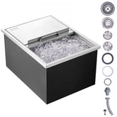 Stainless steel drop-in ice chest with sliding cover and insulation, filled with ice cubes