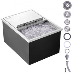 Stainless steel drop-in ice chest with sliding cover and insulation, filled with ice cubes