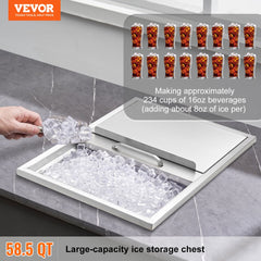 Stainless steel drop-in ice chest with sliding cover and large insulated capacity on countertop.