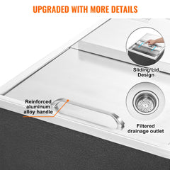 Stainless steel drop-in ice chest with sliding cover, aluminum handle, and filtered drain.