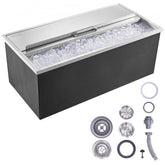 Stainless steel drop-in ice chest with sliding cover and drain pipe for easy access and maintenance.