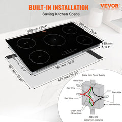 36-inch built-in induction cooktop with five burners and a vitroceramic glass surface.