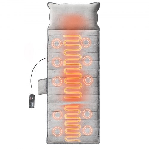 Full-body massage cushion with heat, 10 motors, and 5 modes, shown on a bed with glowing heat zones.
