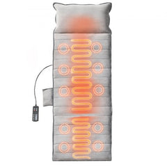 Full-body massage cushion with heat, 10 motors, and 5 modes, shown on a bed with glowing heat zones.