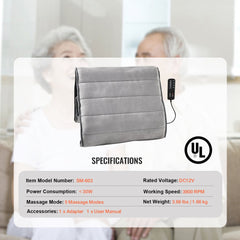 Gray full-body massage cushion with heat, displaying specs like DC12V, 20W power, 3800 RPM speed, and 1 massage mode.