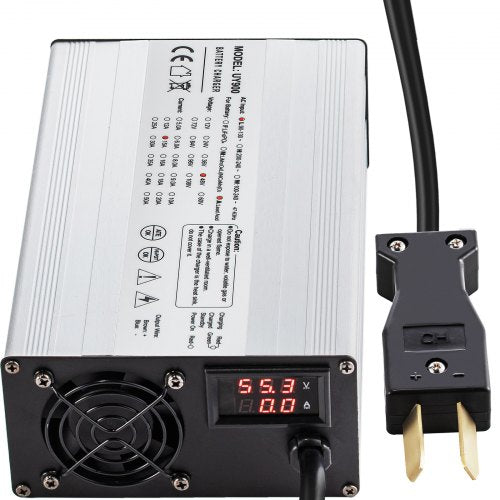 Bostome 36V 18A golf cart battery charger with splayed plug and aluminum housing.
