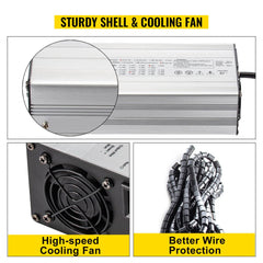 Bostome 48V 15A golf cart battery charger with aluminum shell and LED indicators.