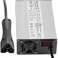 Bostome 48V 15A golf cart battery charger with Club Car RXV plug and LED status indicators.