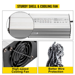Bostome 48V 15A golf cart battery charger with Club Car RXV plug and LED indicators.