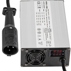 Bostome 48V 15A golf cart battery charger with a 3-pin round plug and aluminum housing.