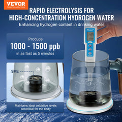A portable hydrogen water generator with a glass pitcher and a handheld water quality meter.