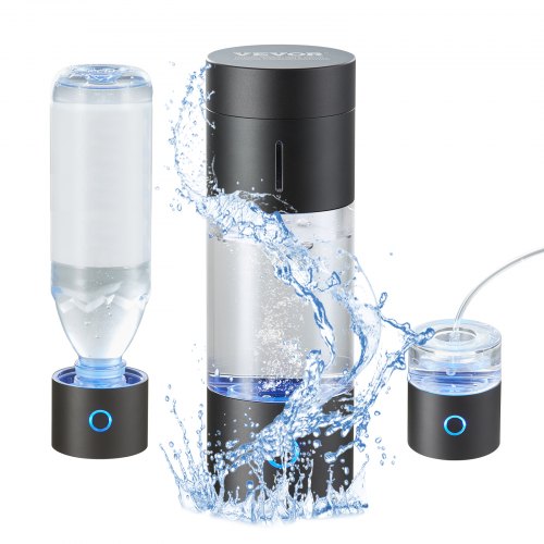 Portable black and clear hydrogen water bottle generator with detachable base and water splash effect.