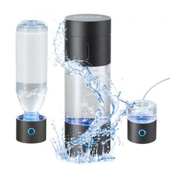 Portable black and clear hydrogen water bottle generator with detachable base and water splash effect.
