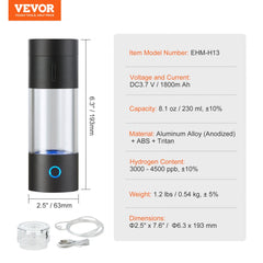 Black portable Bostome Hydrogen Water Bottle Generator with 230ml capacity, blue-lit base, and USB cable.