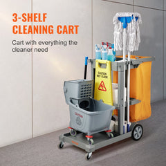 Bostome 3-shelf janitorial cleaning cart with PVC bag and 200 lbs capacity for efficient organization.