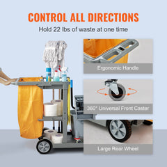 Three-shelf janitorial cleaning cart with PVC bag and 200 lbs capacity for efficient organization.