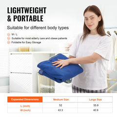 A woman holds a blue, folded full-body patient lift sling with M/L size labels and dimensions.