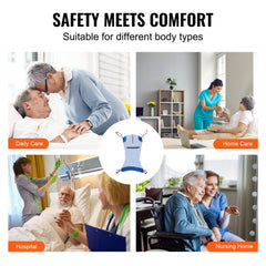 Large blue full-body patient lift sling with 4-point loops, shown in hospital, home, and nursing care transfers.