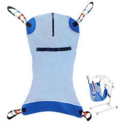 Large blue and white full-body patient lift sling with 4-point straps, shown on a white hoist.