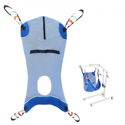 Large blue full body patient lift sling with commode opening, shown on white hoist.