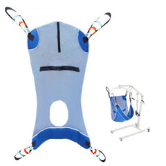 Large blue full body patient lift sling with commode opening, shown on white hoist.