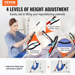 Large full body patient lift sling with commode opening, featuring reinforced straps and color-coded loops.