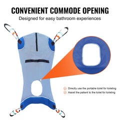 Large blue full body patient lift sling with commode opening for easy bathroom transfers.