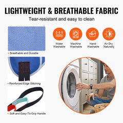 Large full body patient lift sling made of lightweight, breathable polyester fabric with reinforced edges and commode opening.