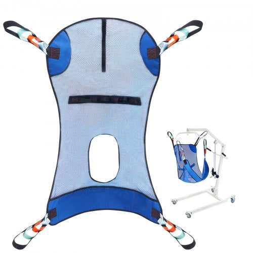 Bostome Full Body Patient Lift Sling with a commode opening and reinforced polyester construction.