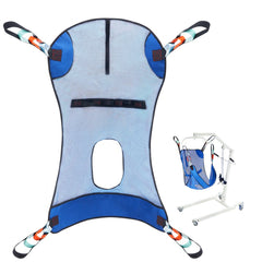 Full body patient lift sling with commode opening, designed for safe transfers up to 400 lbs.