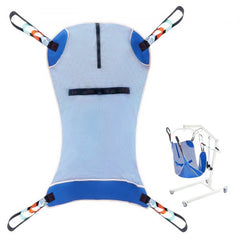 Medium blue full body patient lift sling with 4-point hooks, shown on white hoist.