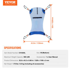 Medium blue Bostome universal full body patient lift sling with 4-point hooks and dimensions.