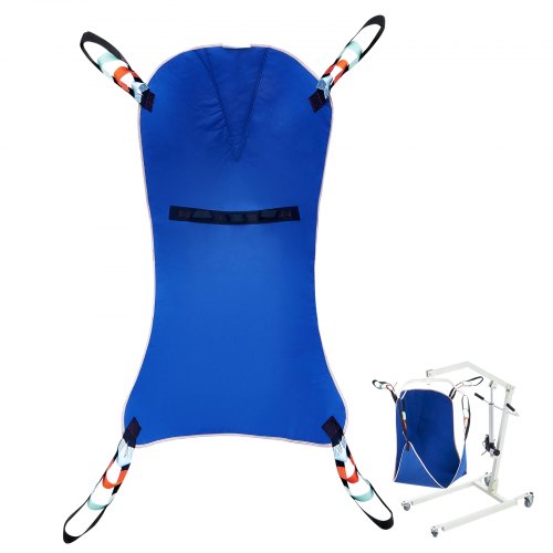 Blue medium full-body patient lift sling with 4-point straps, shown with compatible hoist.