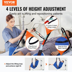 A nurse adjusts a blue patient lift sling with 4 reinforced straps and 12 color-coded loops on a patient.
