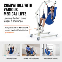 Medium blue full-body patient lift sling with 4-point loops, shown in use with a mobile hoist.