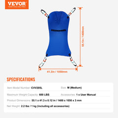 Medium blue full body patient lift sling with 600 lbs capacity and dimensions shown.