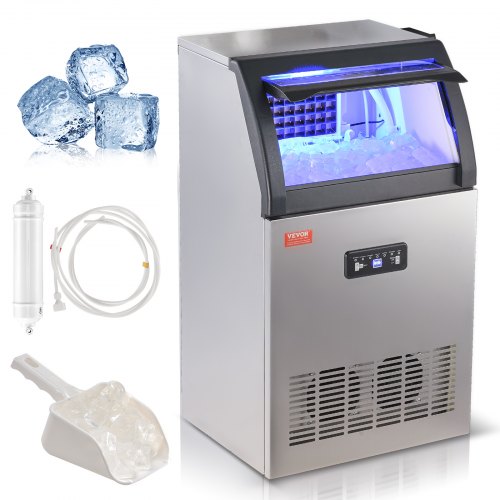 Silver commercial ice maker with 33lbs storage bin, blue-lit interior, water filter, and scoop.