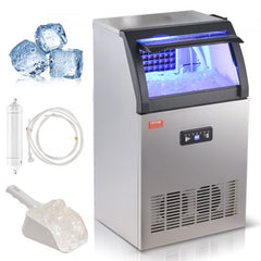 Silver commercial ice maker with 33lbs storage bin, blue-lit interior, water filter, and scoop.