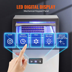 Bostome commercial ice maker with LED digital display, mechanical keypad, and control buttons for on/off, ice making, cleaning, and adjustments.