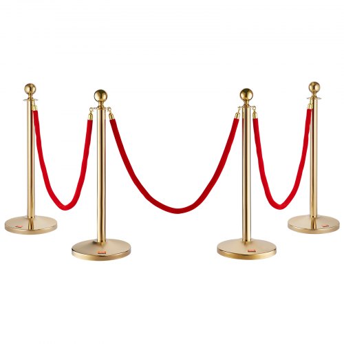 Bostome 4-pack crowd control stanchions with red velvet ropes and fillable bases for stability.