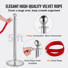 Four sturdy stainless steel stanchion posts with red velvet ropes for crowd control.