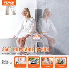 Bostome 360° swivel adjustable height shower chair with 300 lbs capacity, shown in use.