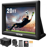 20ft inflatable movie projector screen in black with soccer graphic, blower, bag, and stakes.