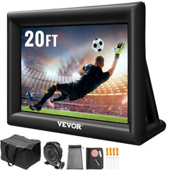 20ft inflatable movie projector screen in black with soccer graphic, blower, bag, and stakes.
