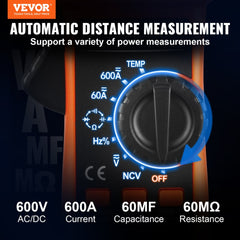 Digital clamp meter with orange body, dial for AC/DC voltage, current, resistance, capacitance, frequency, and NCV detection.