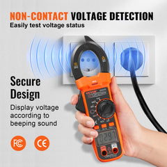 Orange Bostome EM4370 digital clamp meter measuring voltage on a wall outlet with non-contact detection.